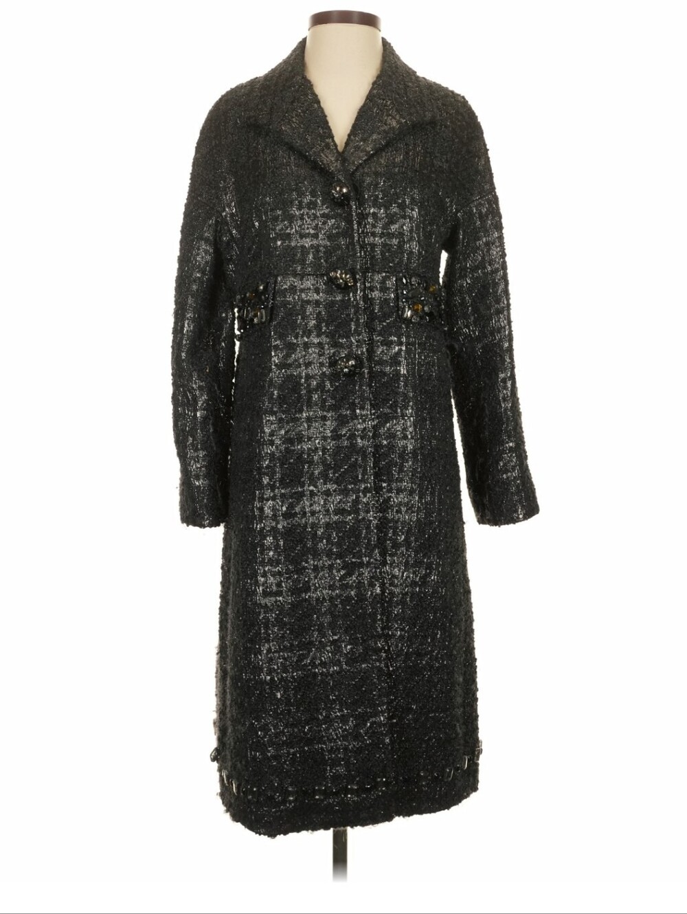 Lafayette 148 New York Black Tweed Embellished Long Trench Coat Jacket Size 4